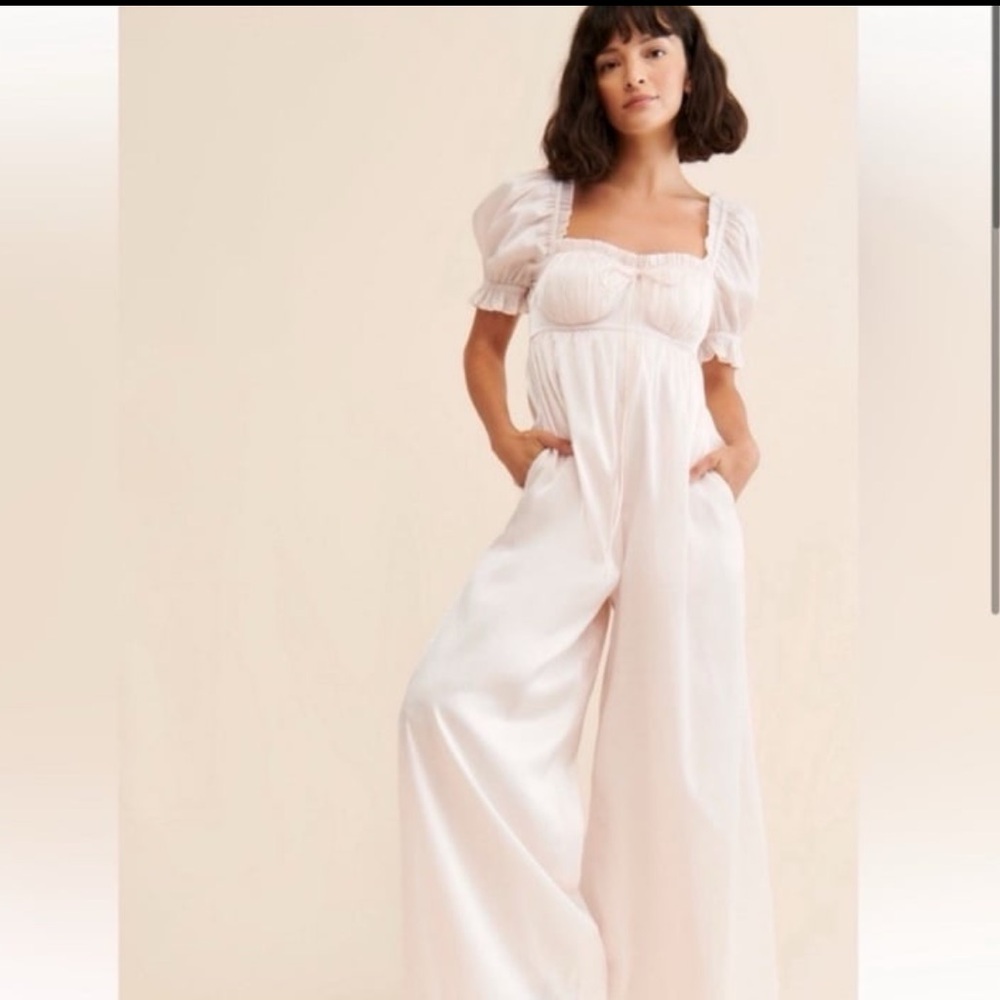 Selkie Puff Sleeve Wide Leg Jumpsuit Pale Pink Metallic XS